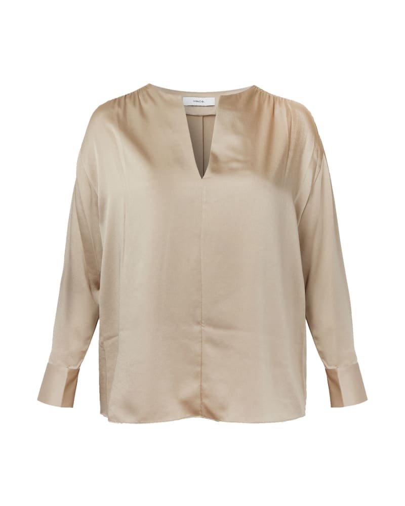 Front of a size 1X Smocked Long Sleeve Blouse in Pale Nut by Vince. | dia_product_style_image_id:253289